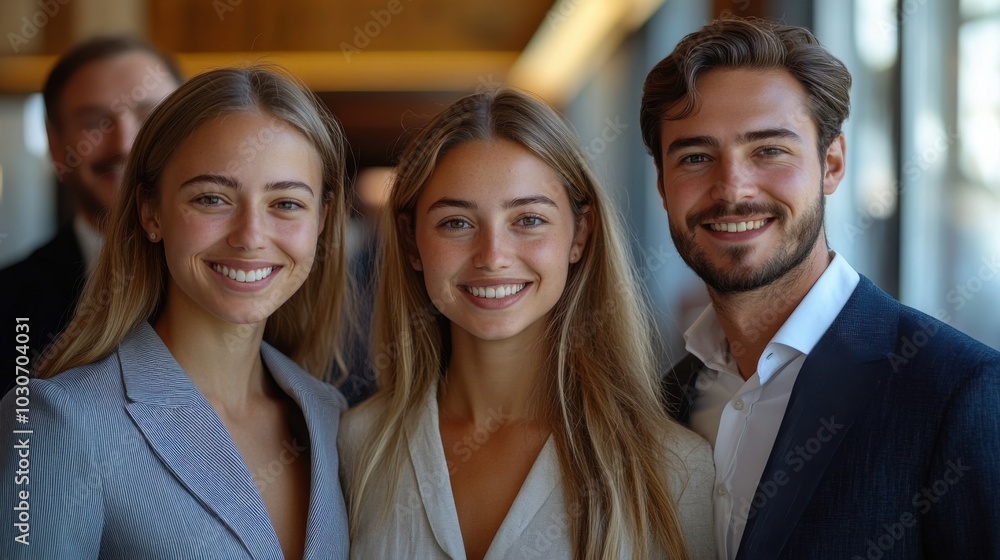 Three smiling business professionals stand together in a hallway. Three smiling business professionals stand together in a hallway.