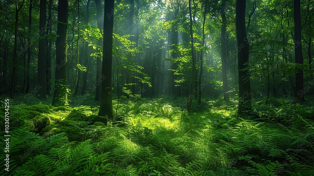 Environmental conservation concept, a lush green forest with sunlight filtering through the trees, showcasing the critical need to preserve natural habitats for biodiversity. Realistic photo. High Environmental conservation concept, a lush green forest with sunlight filtering through the trees, showcasing the critical need to preserve natural habitats for biodiversity. Realistic photo. High