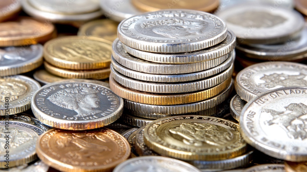 A collection of various coins stacked and scattered. A collection of various coins stacked and scattered.