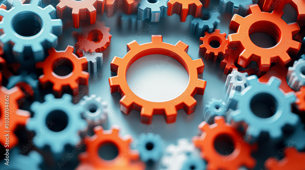 A close up of many gears, some of which are orange and some are blue A close up of many gears, some of which are orange and some are blue