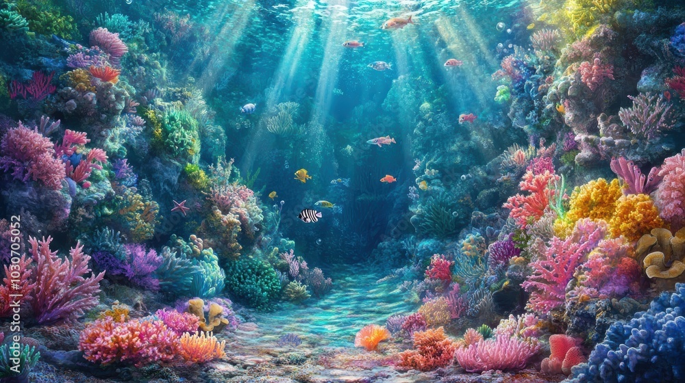 Naklejka premium Colorful coral reef with fish and sunlight.