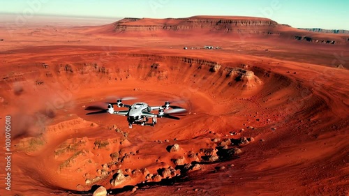 Drone traveling through the desert on the planet Mars