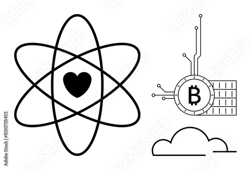 Black heart enclosed in an atom structure, a Bitcoin coin showing circuitry connections and a cloud outline. Ideal for technology, love in science, cryptocurrency, minimalism, modern graphics
