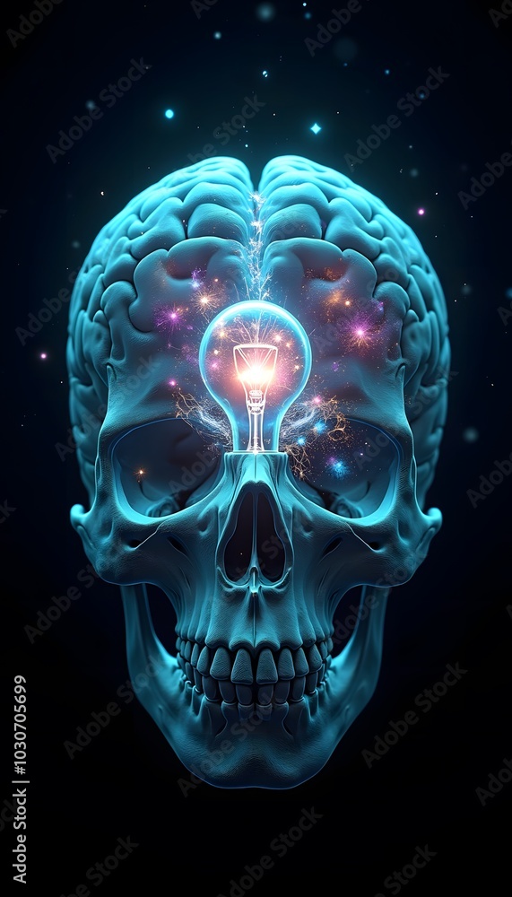 A glowing light bulb inside a transparent skull in blue and purple tones, symbolizing the power of the mind A glowing light bulb inside a transparent skull in blue and purple tones, symbolizing the power of the mind