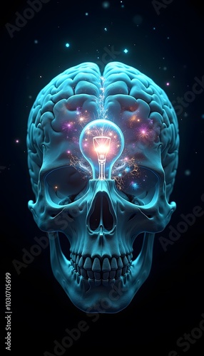 A glowing light bulb inside a transparent skull in blue and purple tones, symbolizing the power of the mind