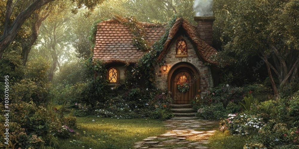 Fototapeta premium Stone cottage in a lush, green forest.