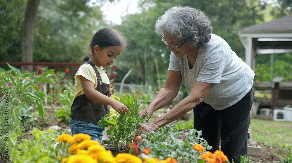 custom made wallpaper toronto digitalAn elderly woman and a young girl garden together.