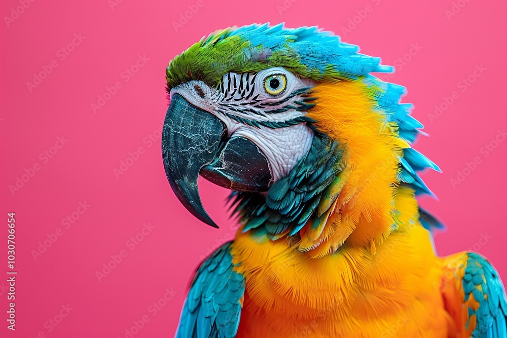 Obraz premium A striking parrot displays its vivid blue and yellow feathers while facing the camera. The bright pink background enhances the bird's colorful plumage, creating a stunning visual contrast