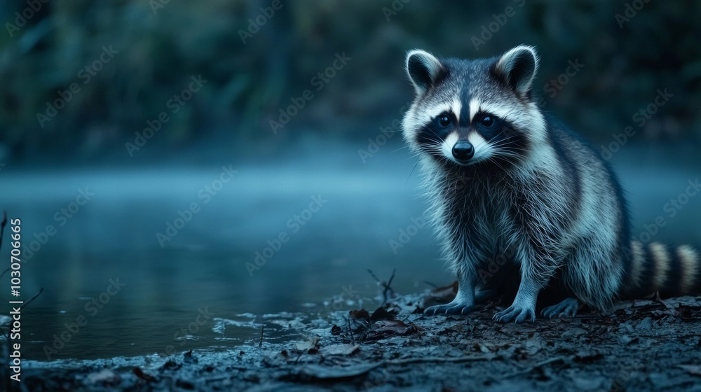 A raccoon sitting by a misty riverbank, showcasing its distinctive facial markings and fluffy fur. A raccoon sitting by a misty riverbank, showcasing its distinctive facial markings and fluffy fur.