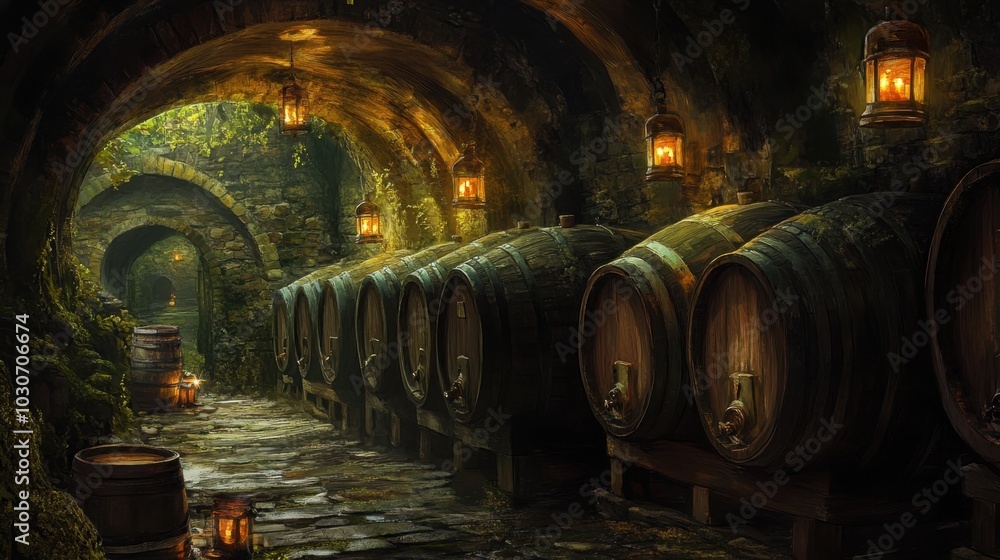 Rows of oak barrels in a dimly lit cellar, with a background of mossy stone walls and flickering lanterns, evoking a vintage feel. Rows of oak barrels in a dimly lit cellar, with a background of mossy stone walls and flickering lanterns, evoking a vintage feel.