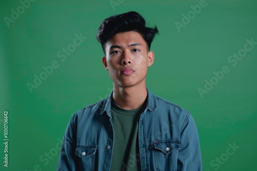 App demo asian man in his 20s in front of a interactive digital board with a fully green screen