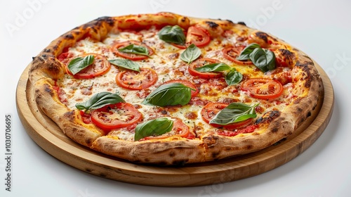 Classic Margherita pizza with a fresh tomato base, served on a wooden plate against a bright white background