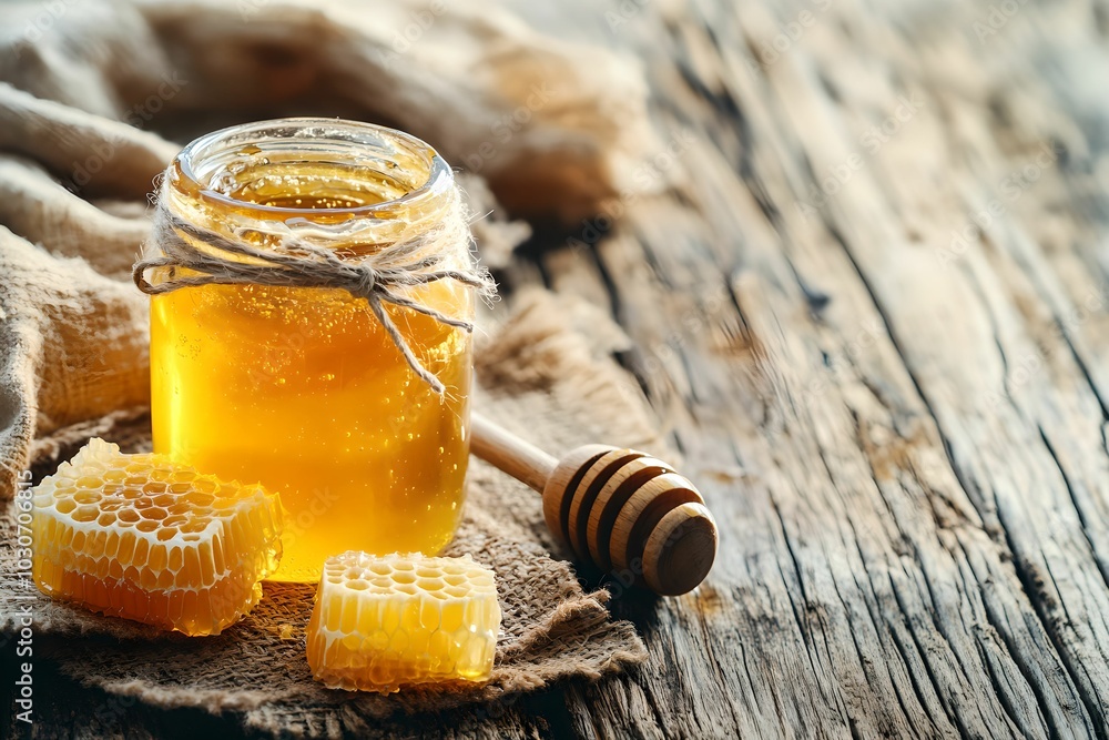 Organic Honey in Glass Jar with Honeycombs and Wooden Dipper, comb, natural, sweet, food Organic Honey in Glass Jar with Honeycombs and Wooden Dipper, comb, natural, sweet, food