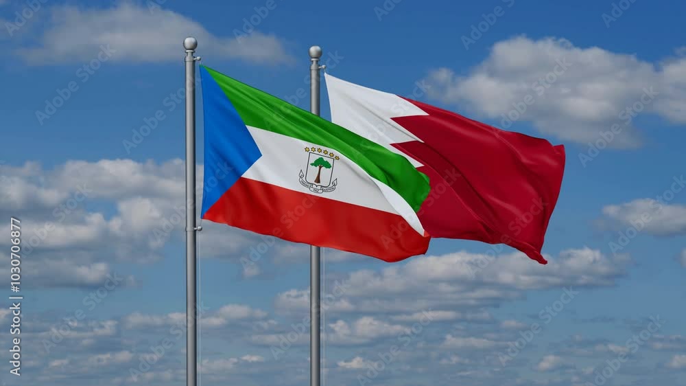 Bahrain and Equatorial Guinea flags flying together, video concept of the relationship, two country relations concept Bahrain and Equatorial Guinea flags flying together, video concept of the relationship, two country relations concept
