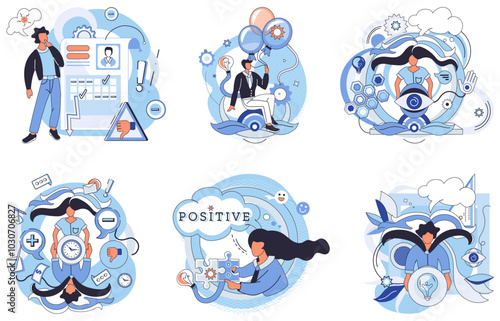 Mindset. Six scenes depicting personal growth, self-reflection, and positive thinking, using diagrams, gears, clocks, and motivational symbols. Ideal for motivation, self-improvement, mental health