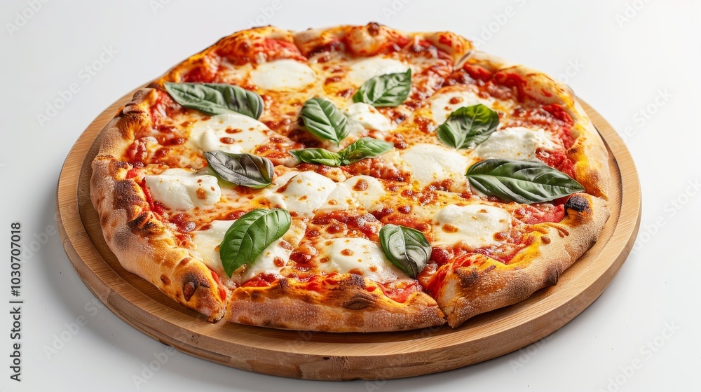 Classic Margherita pizza with fresh basil and mozzarella, elegantly displayed on a wooden plate isolated on a clean white background Classic Margherita pizza with fresh basil and mozzarella, elegantly displayed on a wooden plate isolated on a clean white background