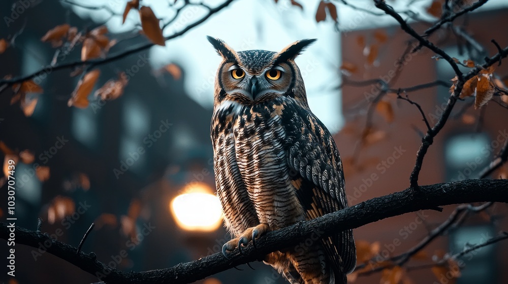 Owl perched on a branch at night, surrounded by autumn leaves and city lights. Owl perched on a branch at night, surrounded by autumn leaves and city lights.