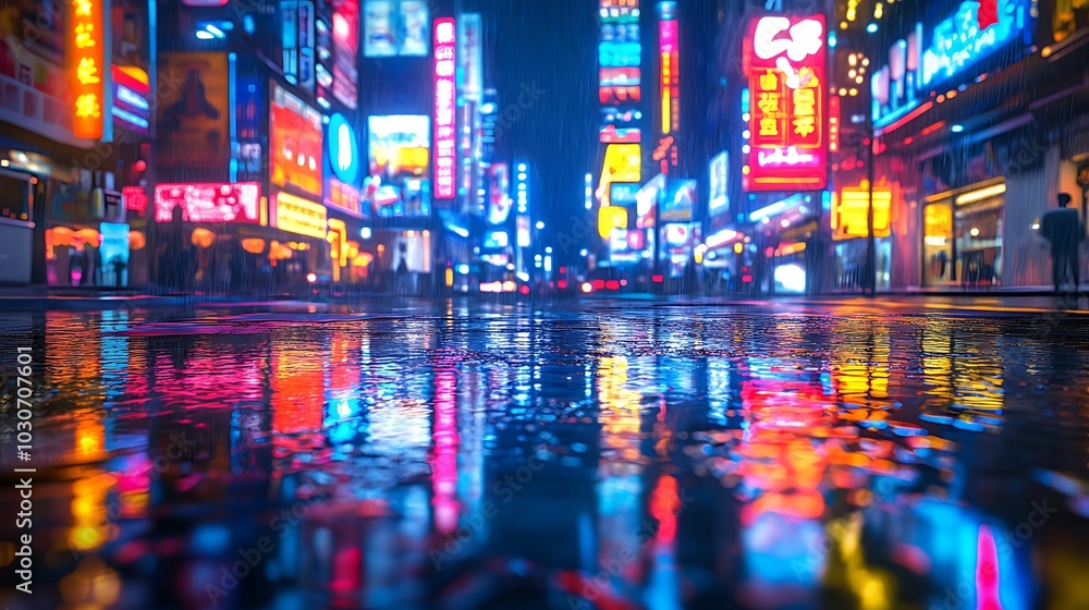 A bustling city street at night, with neon signs reflecting in puddles of water. A bustling city street at night, with neon signs reflecting in puddles of water.