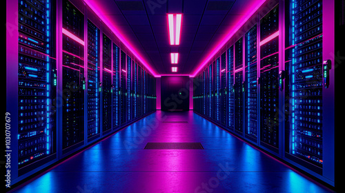 A long hallway with neon lights and a green fire extinguisher