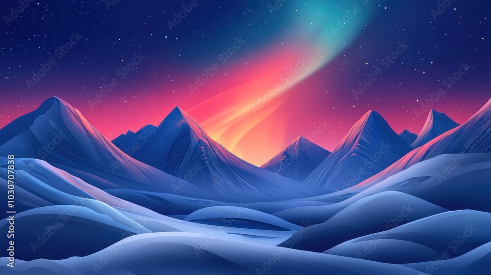 Snowy Mountains Under Aurora Borealis Snowy Mountains Under Aurora Borealis