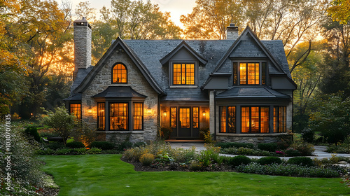 Charming stone house with warm lights surrounded by lush greenery.