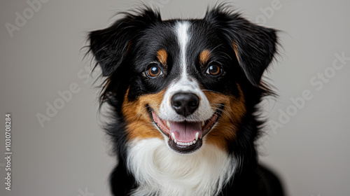 A dog with a black and brown coat is smiling and has its mouth open