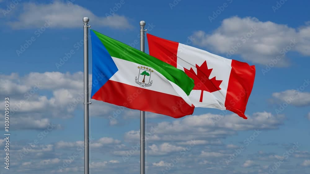 Canada and Equatorial Guinea flags flying together, video concept of the relationship, two country cooperation concept Canada and Equatorial Guinea flags flying together, video concept of the relationship, two country cooperation concept