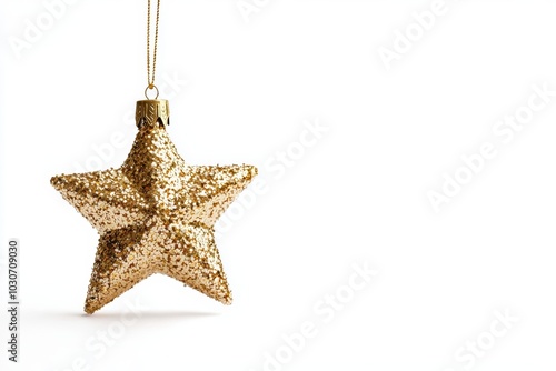 A Christmas tree ornament shaped like a gold star, shimmering with glitter, isolated on a white background photo