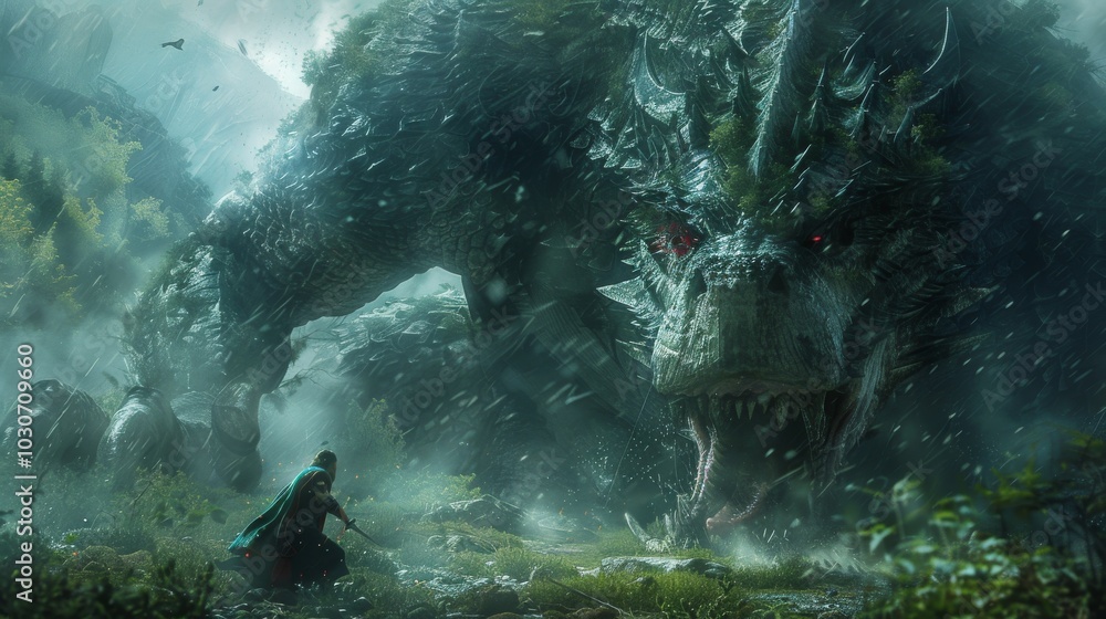Fototapeta premium Epic battle scene featuring a hero clashing with a massive scaled beast in a rich, enchanted woodland