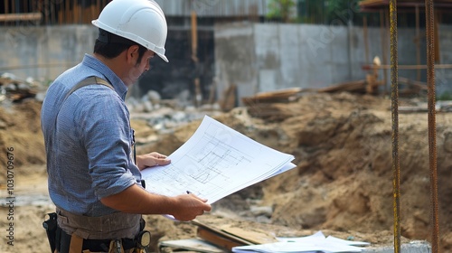 A construction project manager reviewing blueprints on-site, with ongoing construction in the background.