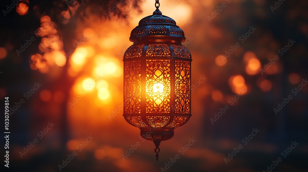 Single golden Islamic lantern suspended in the center of a white background radiating warm light The intricate detailing of the lantern reflects the beauty of Ramadan Kareem celebrations Single golden Islamic lantern suspended in the center of a white background radiating warm light The intricate detailing of the lantern reflects the beauty of Ramadan Kareem celebrations