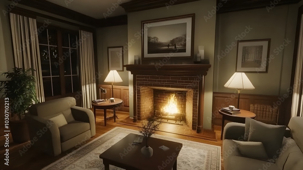 135. A cozy empty living space with a fireplace and comfortable seating 135. A cozy empty living space with a fireplace and comfortable seating