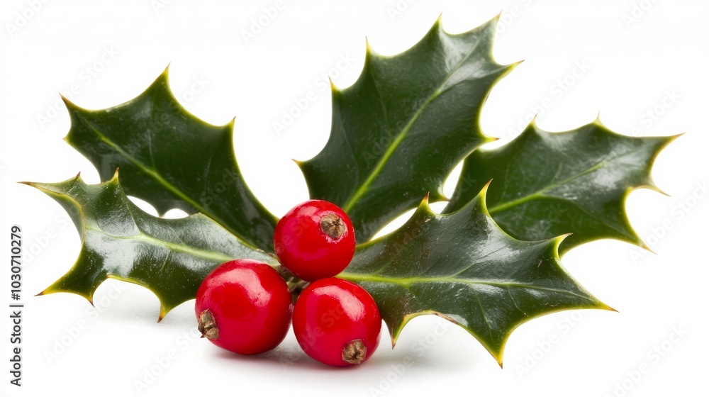 A cluster of three bright red holly berries with sharp green leaves, isolated on a white background A cluster of three bright red holly berries with sharp green leaves, isolated on a white background