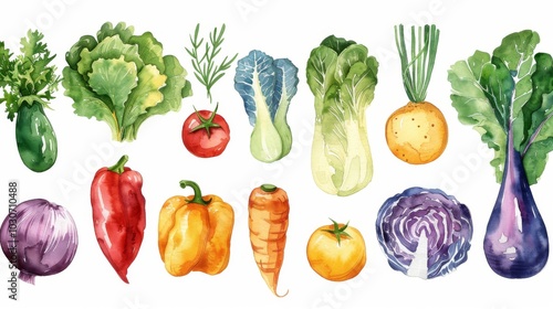 Hand drawn watercolor mixed vegetables on white background