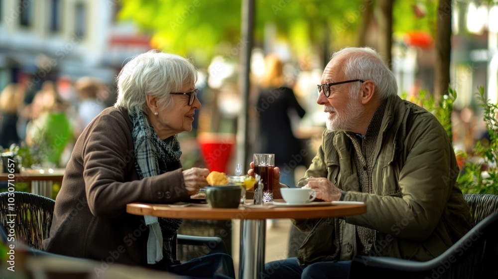 Two elderly lovers share a table at an outdoor cafe, savoring delightful pastries and coffee while smiling warmly Two elderly lovers share a table at an outdoor cafe, savoring delightful pastries and coffee while smiling warmly