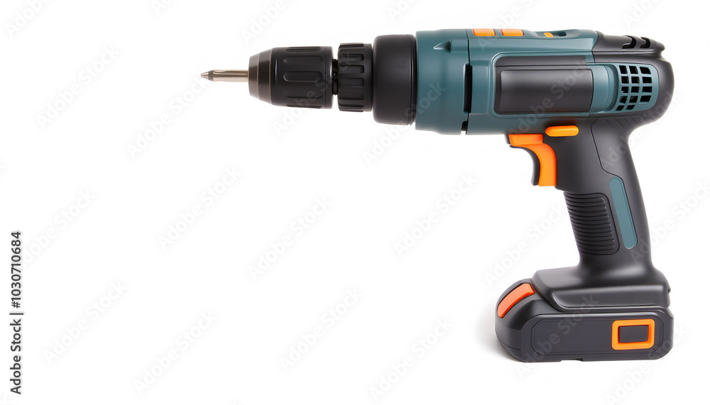 An isolated cordless drill on a clean white background, ideal for home improvement and power tool promotions An isolated cordless drill on a clean white background, ideal for home improvement and power tool promotions