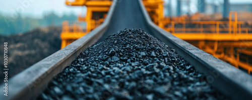 Conveyor belt system transporting coal in power plant, showcasing industrial machinery and materials. scene captures essence of energy production and resource management