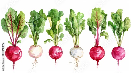 Hand drawn watercolor radishes and turnips on white background