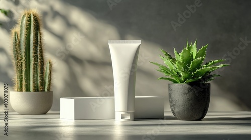 Minimalist Skincare Tube Next to Cactus Plant