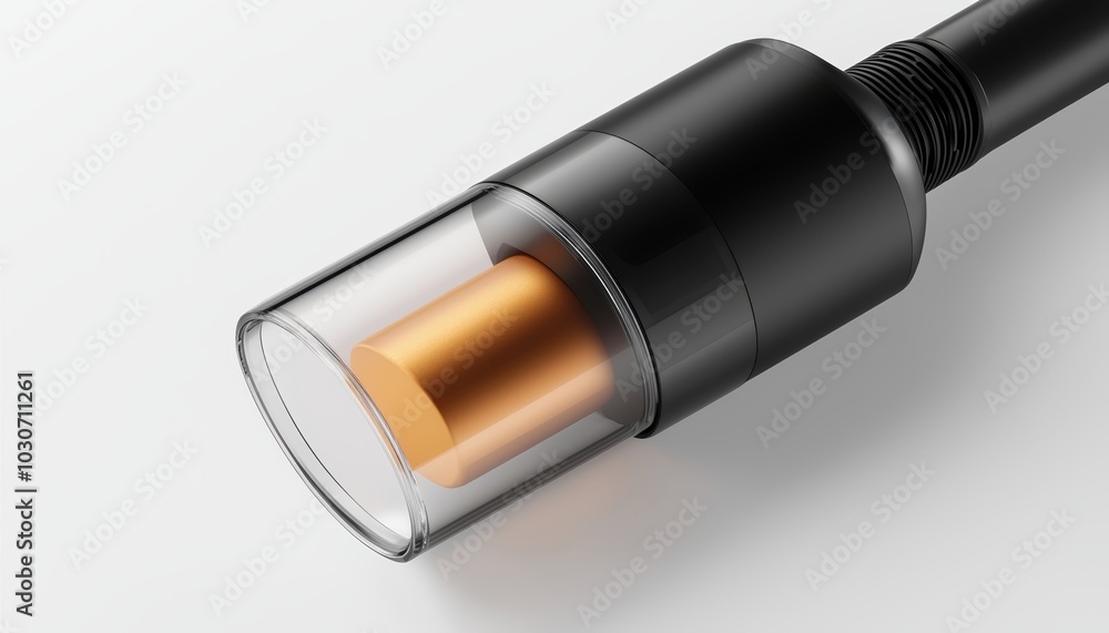 Fototapeta premium A cordless stick vacuum cleaner with a transparent dustbin, isolated on a white surface