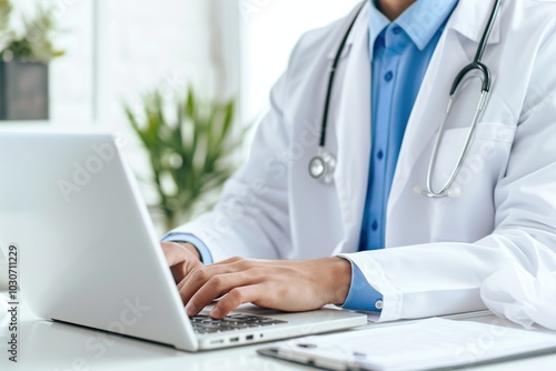 Doctor typing on a laptop in a bright office, symbolizing modern telemedicine practices and the integration of digital tools in healthcare