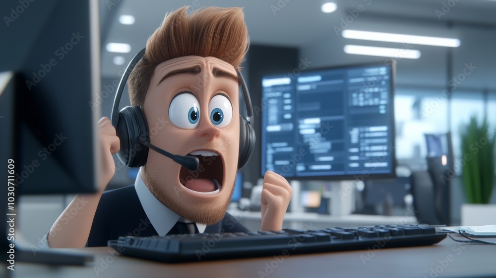 A 3D cartoon man wearing a headset and expressing shock while looking at a computer screen, representing surprise or technical issues.. A 3D cartoon man wearing a headset and expressing shock while looking at a computer screen, representing surprise or technical issues..