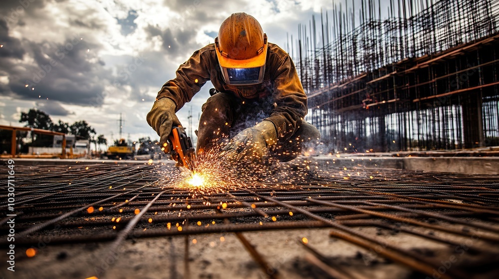 A construction worker using a welding torch, sparks flying, with a building structure in the background A construction worker using a welding torch, sparks flying, with a building structure in the background