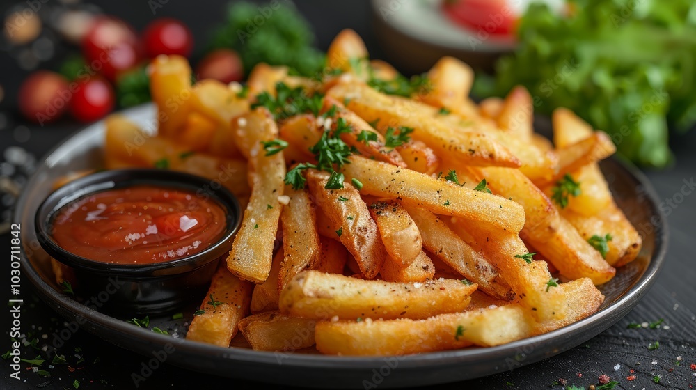 Crispy French Fries with Ketchup Dipping Sauce A Close-Up of Golden, Crispy Fast Food Indulgence Crispy French Fries with Ketchup Dipping Sauce A Close-Up of Golden, Crispy Fast Food Indulgence
