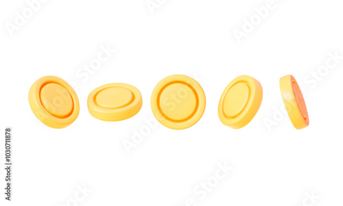3D set of gold coins in different angles on a white background. Vector collection.