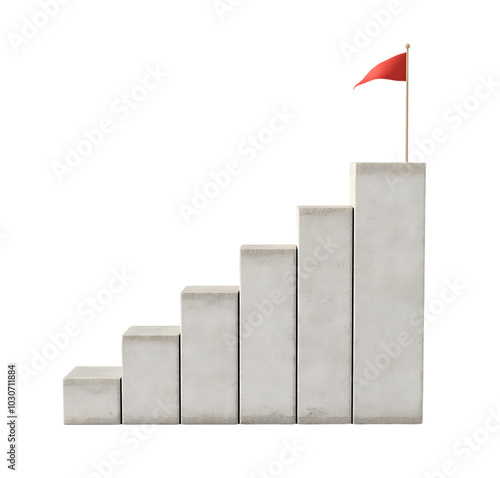 Concrete stair steps rise progressively, culminating in a red flag positioned on the highest step, symbolizing success isolated on transparent background. PNG file, cut out photo