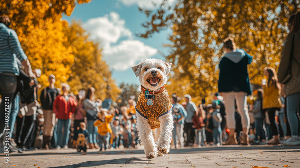 Obraz premium A dog is walking down a sidewalk in front of a crowd of people