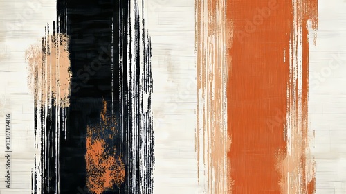 Abstract Vertical Brush Strokes in Black and Orange on Beige Canvas