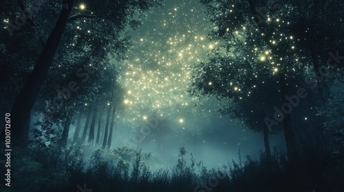 Stars twinkling above a forest, their light filtering through the trees in a serene and magical night scene.