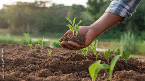 farmers hand holds rich soil with young plants sprouting, symbolizing growth and nurturing in agriculture. This captures essence of sustainable farming practices